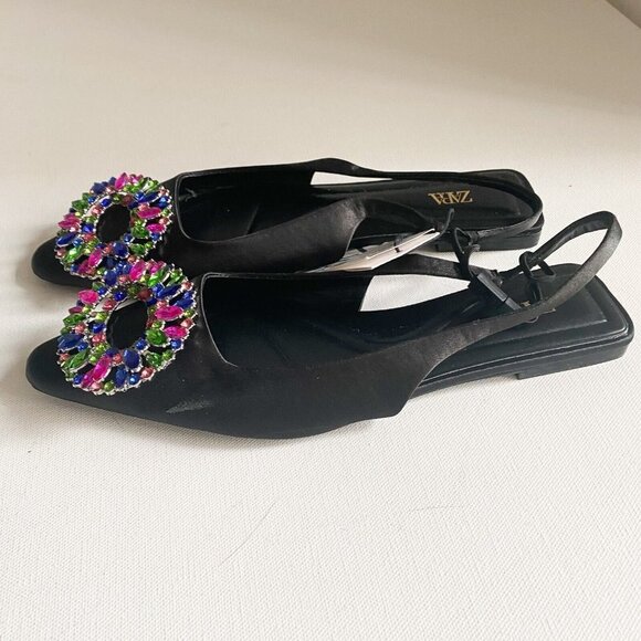 Zara Colourful  Rhiniestone Detail Balck Satin Flats 37 - Picture 5 of 6
